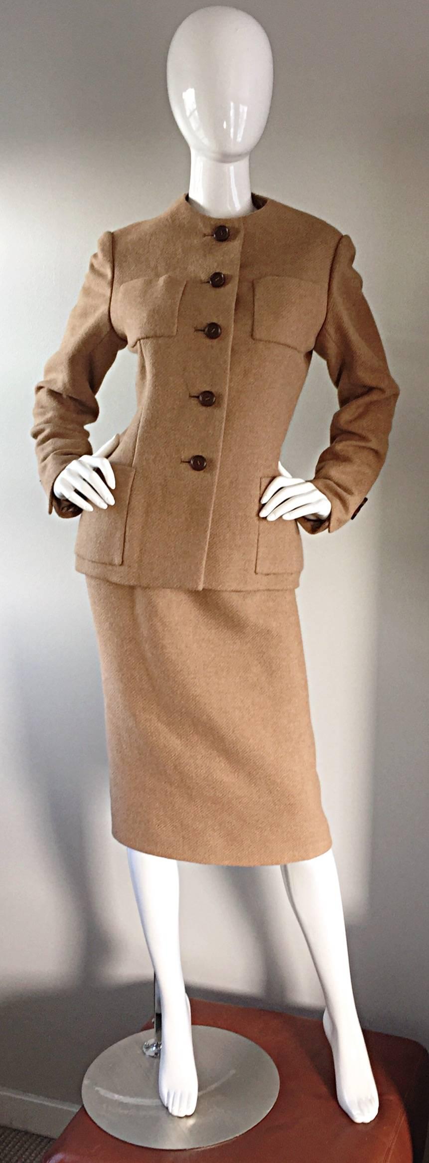 Brown  Norman Norell 1960s Size 12 Tan / Camel 60s Vintage Blazer Jacket + Skirt Suit For Sale
