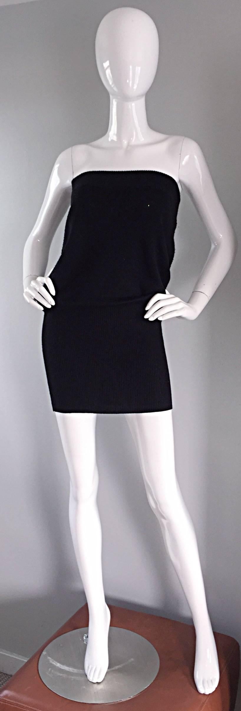 Sexy vintage PATRICK KELLY black wool strapless dress, top, or skirt (see photos)! The possibilities with this amazing find are endless! Perfect belted, or alone. Fitted at the skirt, and blousy on top. Great piece for traveling. Loos great with