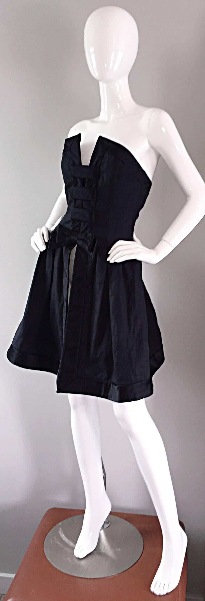 Vintage Rena Lange Black Silk Avant Garde Strapless Overdress Cut Out Bow Dress For Sale 1