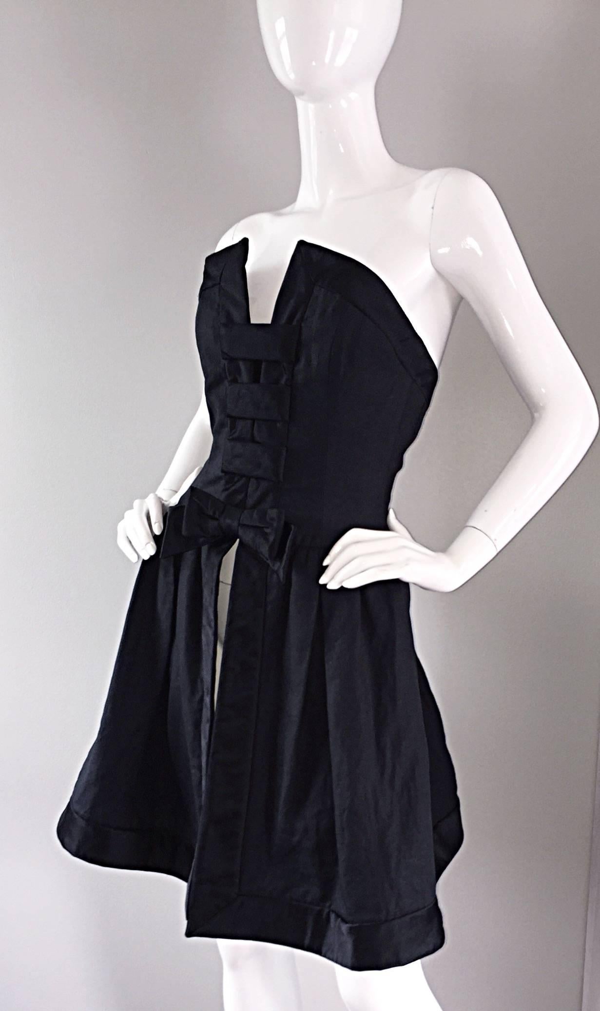 Vintage Rena Lange Black Silk Avant Garde Strapless Overdress Cut Out Bow Dress For Sale 2