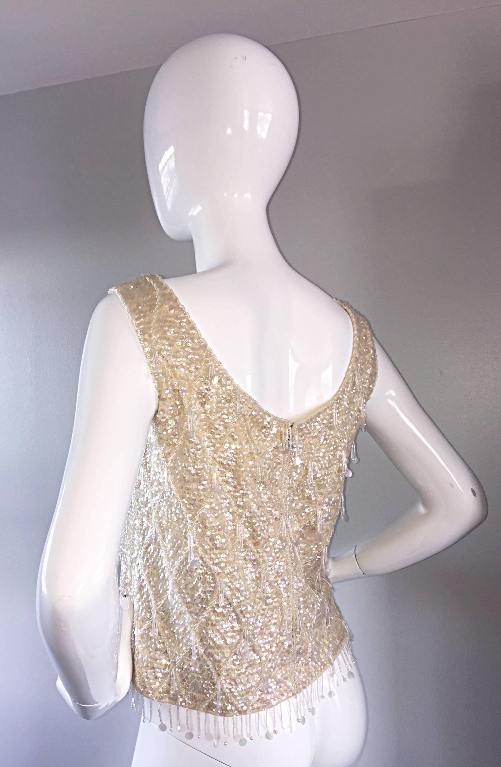 Brown Beautiful 1950s / 1960s Ivory Wool Beaded + Sequins Off - White Sleeveless Top For Sale