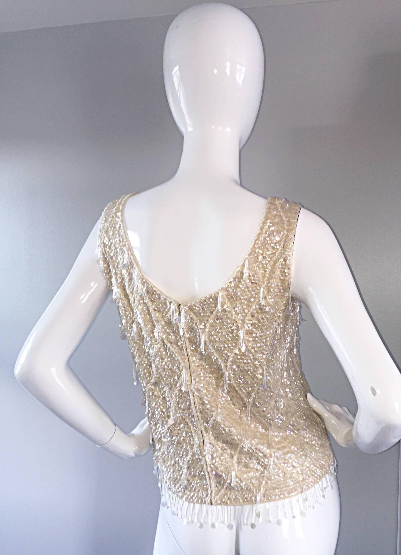 Women's Beautiful 1950s / 1960s Ivory Wool Beaded + Sequins Off - White Sleeveless Top For Sale