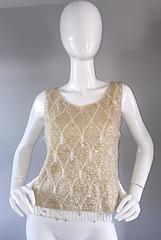Beautiful 1950s / 1960s Ivory Wool Beaded + Sequins Off - White Sleeveless Top