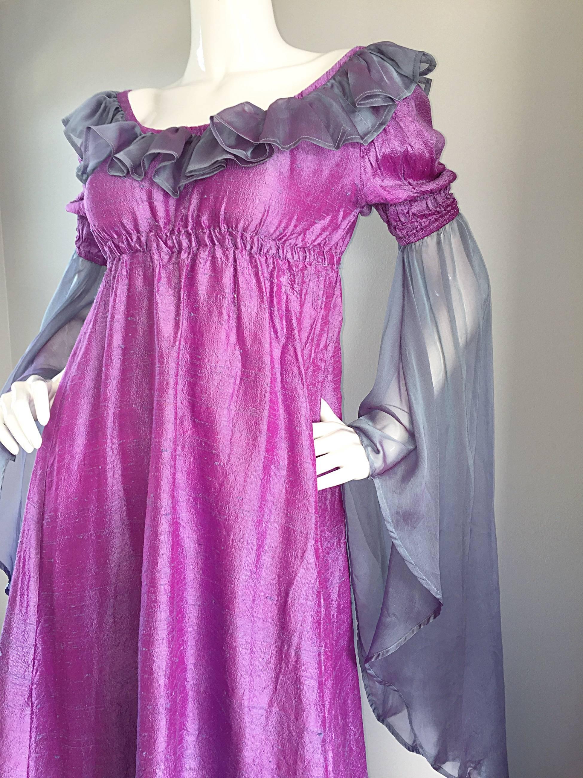 Pretty Vintage Fuchsia + Pink Purple 1970s 70s Raw Silk Dress w/ Angel Sleeves For Sale 3