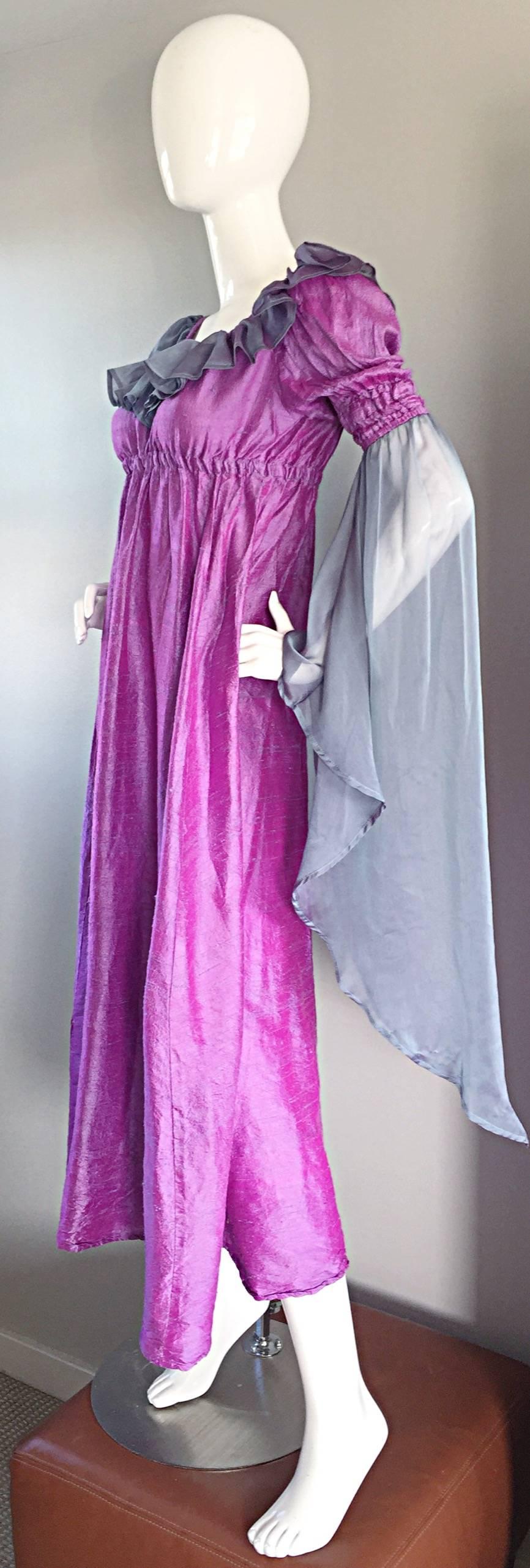 Pretty Vintage Fuchsia + Pink Purple 1970s 70s Raw Silk Dress w/ Angel Sleeves For Sale 1