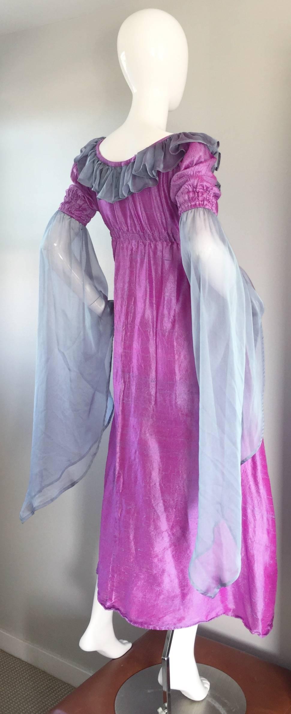 Beautiful 1970s raw silk + chiffon dress! Vibrant fuchsia color, with purple gray chiffon angel sleeves. Flattering empire waist on this maxi dress. Elastic at waist, and at sleeve cuffs (can also be worn off the shoulder). Perfect from day to