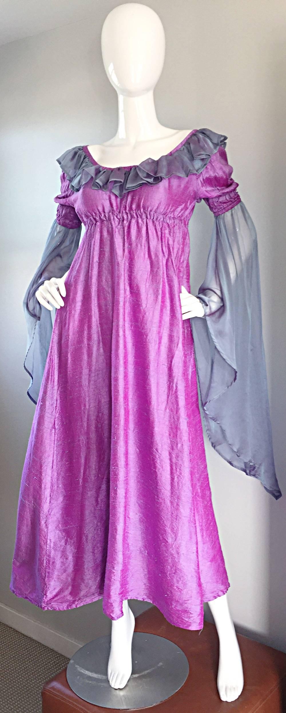 Pretty Vintage Fuchsia + Pink Purple 1970s 70s Raw Silk Dress w/ Angel Sleeves In Excellent Condition For Sale In San Diego, CA