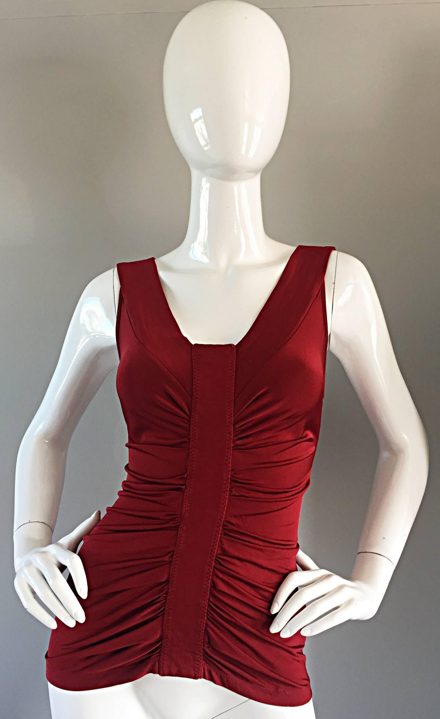 Beautiful John Galliano Crimson Red Silk Jersey Ruched Grecian Blouse / Top In Excellent Condition In San Diego, CA