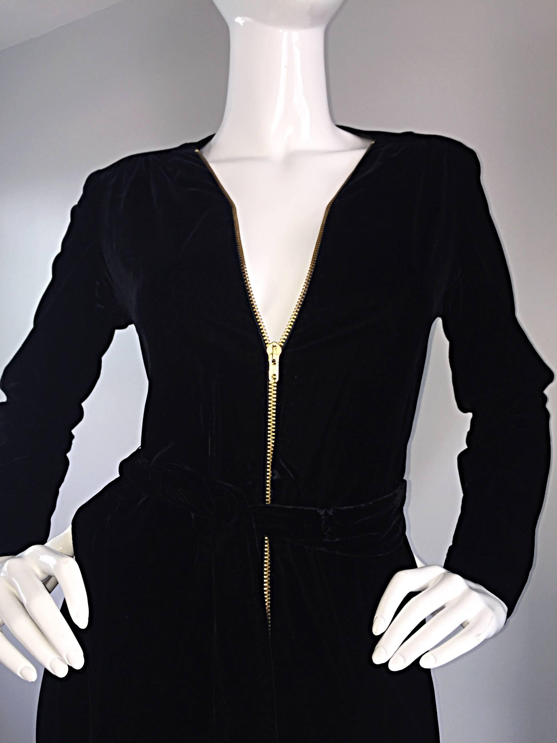 Amazing 1970s Mary Quant Black Velvet ' Zipper ' Bellbottom 70s Jumpsuit Onesie 1