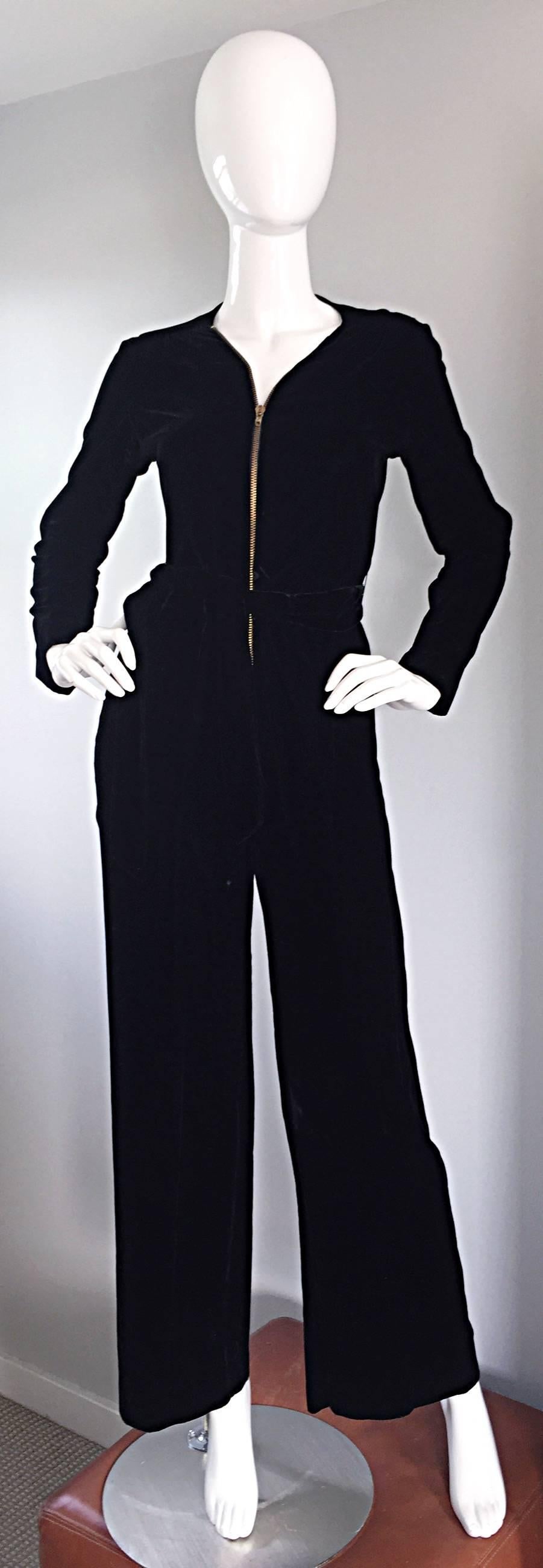 Amazing 1970s Mary Quant Black Velvet ' Zipper ' Bellbottom 70s Jumpsuit Onesie In Excellent Condition In San Diego, CA