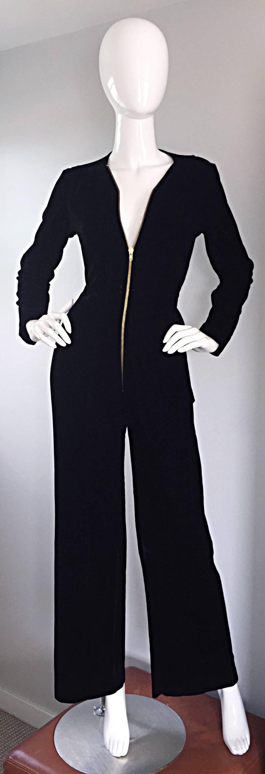 Women's Amazing 1970s Mary Quant Black Velvet ' Zipper ' Bellbottom 70s Jumpsuit Onesie