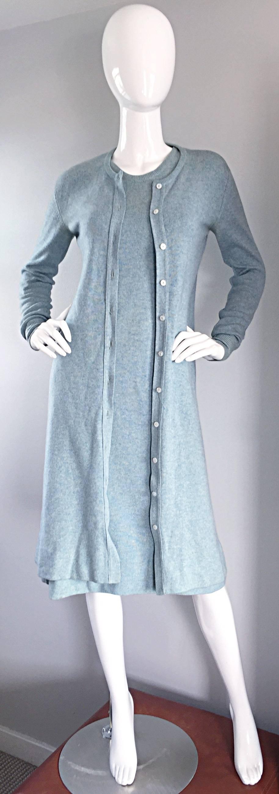 Vintage Halston Soft Cashmere Light Blue Sleeveless Dress And Cardigan Sweater  In Good Condition In San Diego, CA