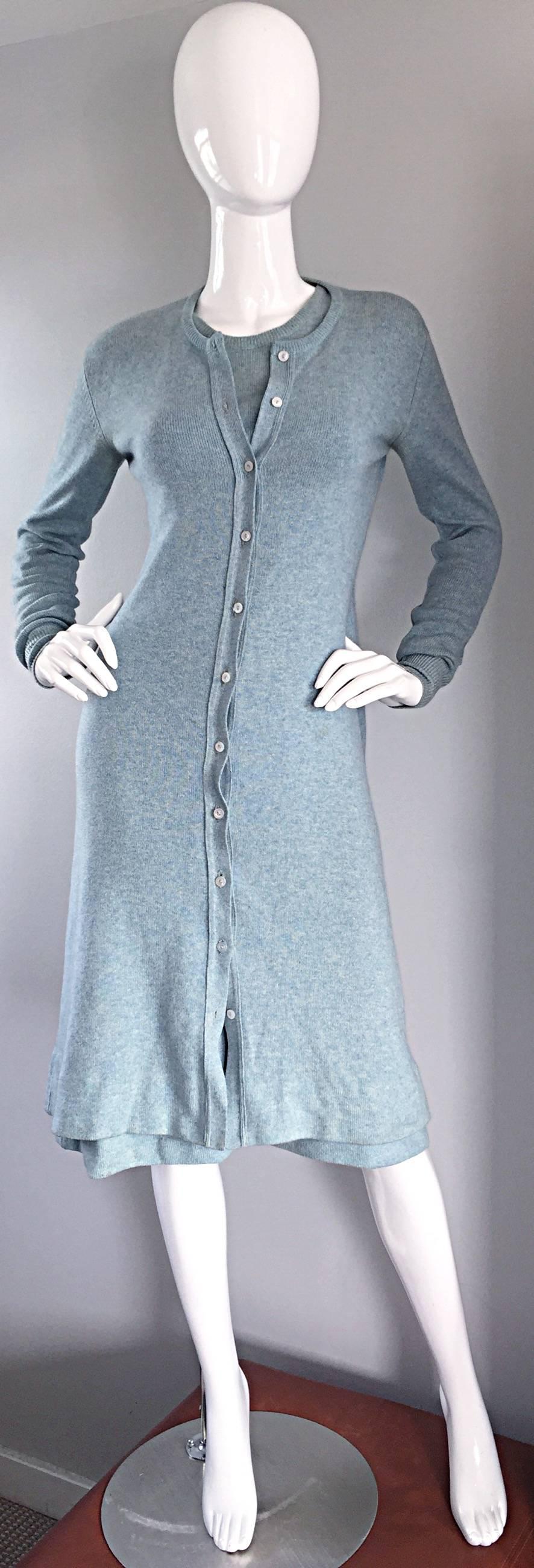Women's Vintage Halston Soft Cashmere Light Blue Sleeveless Dress And Cardigan Sweater 
