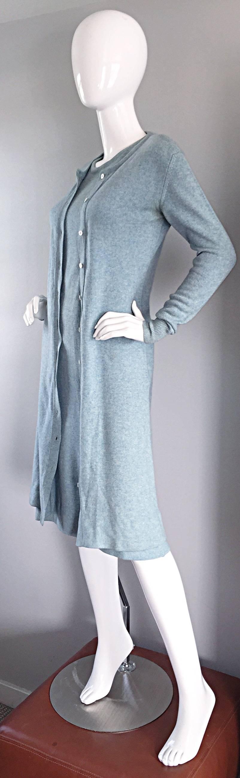 Vintage Halston Soft Cashmere Light Blue Sleeveless Dress And Cardigan Sweater  1