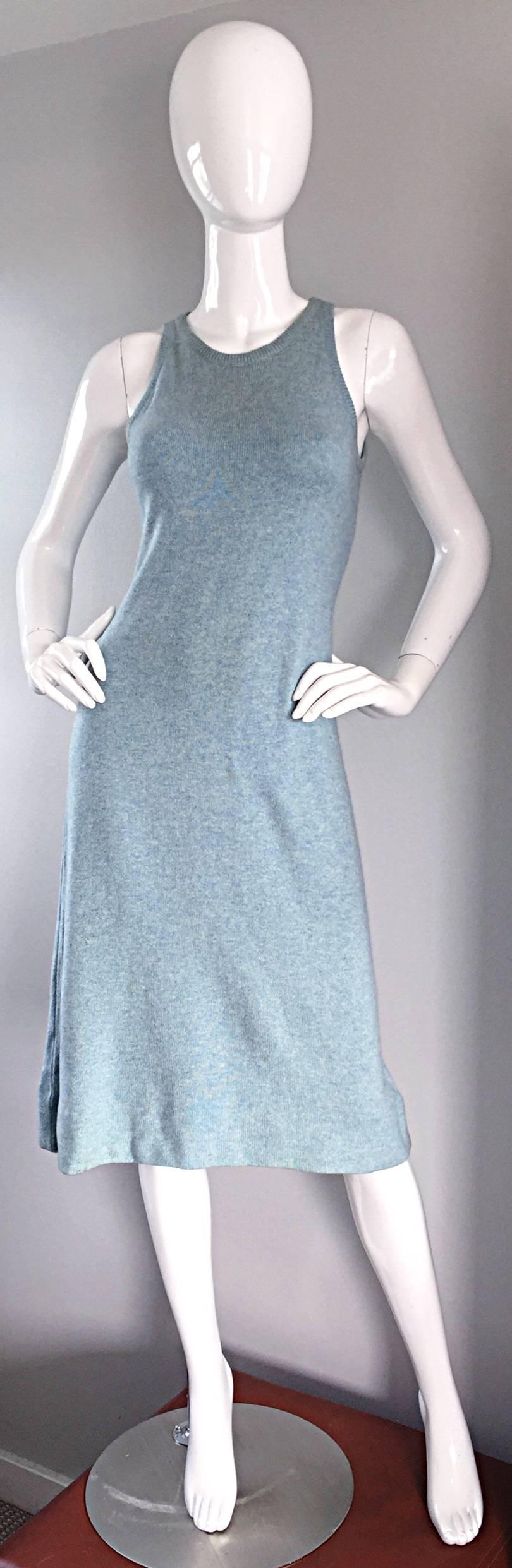 Beautiful, comfortable, and super flattering vintage Halston cashmere dress set. Prettiest light blue color. Slimming triple-ply cashmere (the softest you have ever felt!), that hides any 'flaws.' Sleek tailored sleeveless dress, and a fitted long