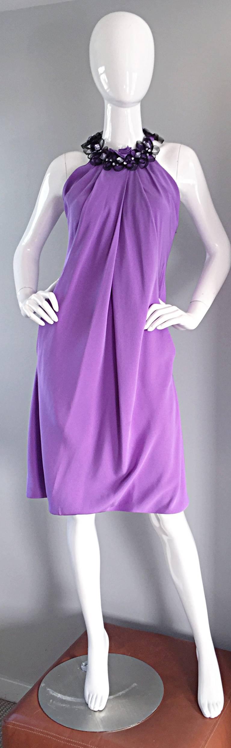 Chic Pamella Roland Light Purple Lilac Beaded Bib Collar Bubble Grecian Dress For Sale 1
