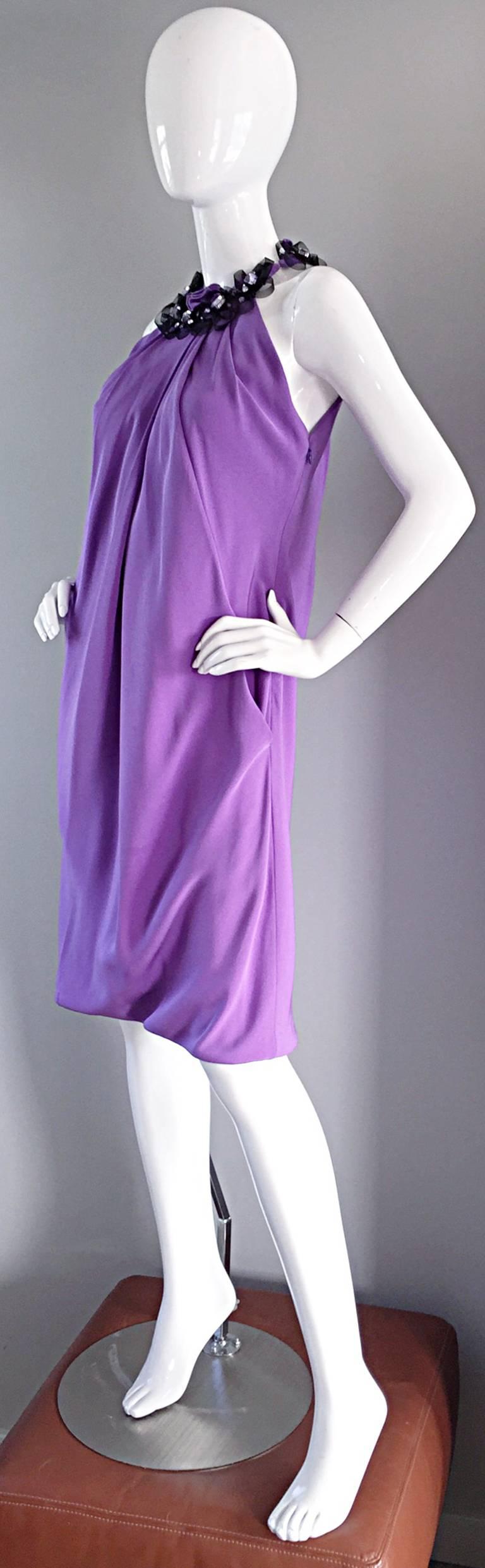 Women's Chic Pamella Roland Light Purple Lilac Beaded Bib Collar Bubble Grecian Dress For Sale