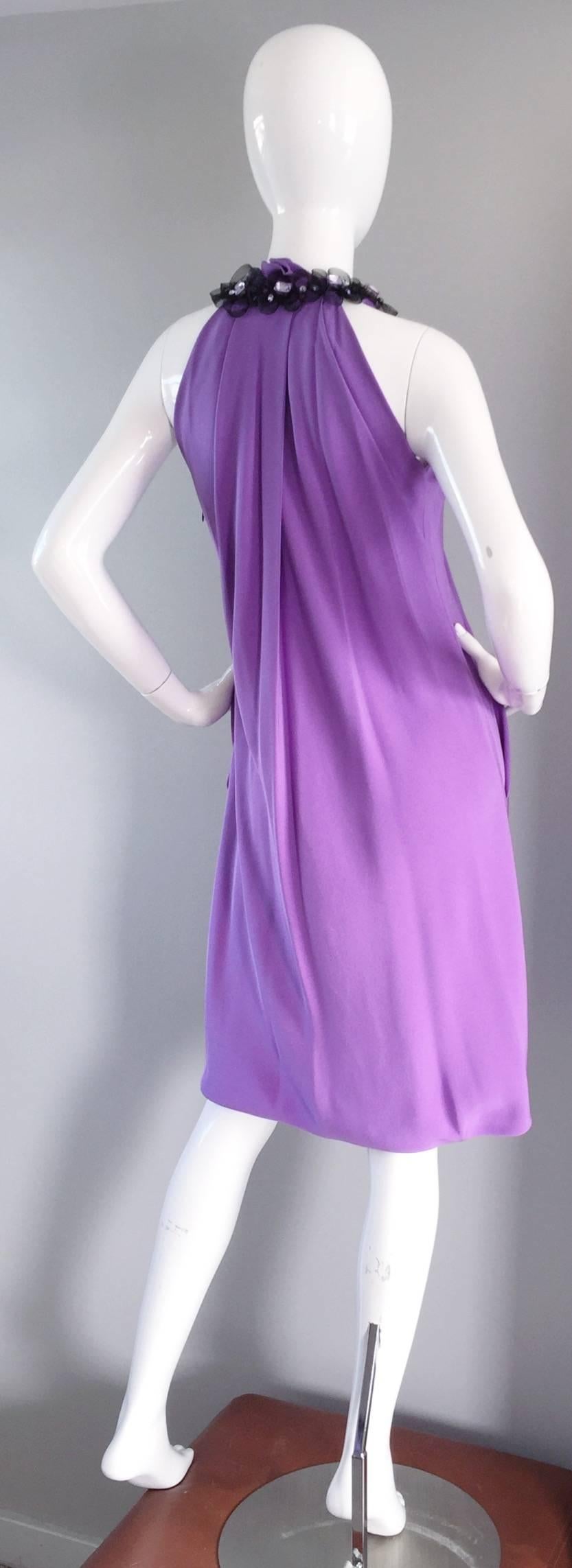 Gorgeous Pamella / Pamela Roland dress! Prettiest light purple lilac silk fabric, that drapes in all the right areas. Oversized rhinestone attached bib collar, with three hook-and-eye-closures. Wonderful Grecian feel. Pockets at both sides of the