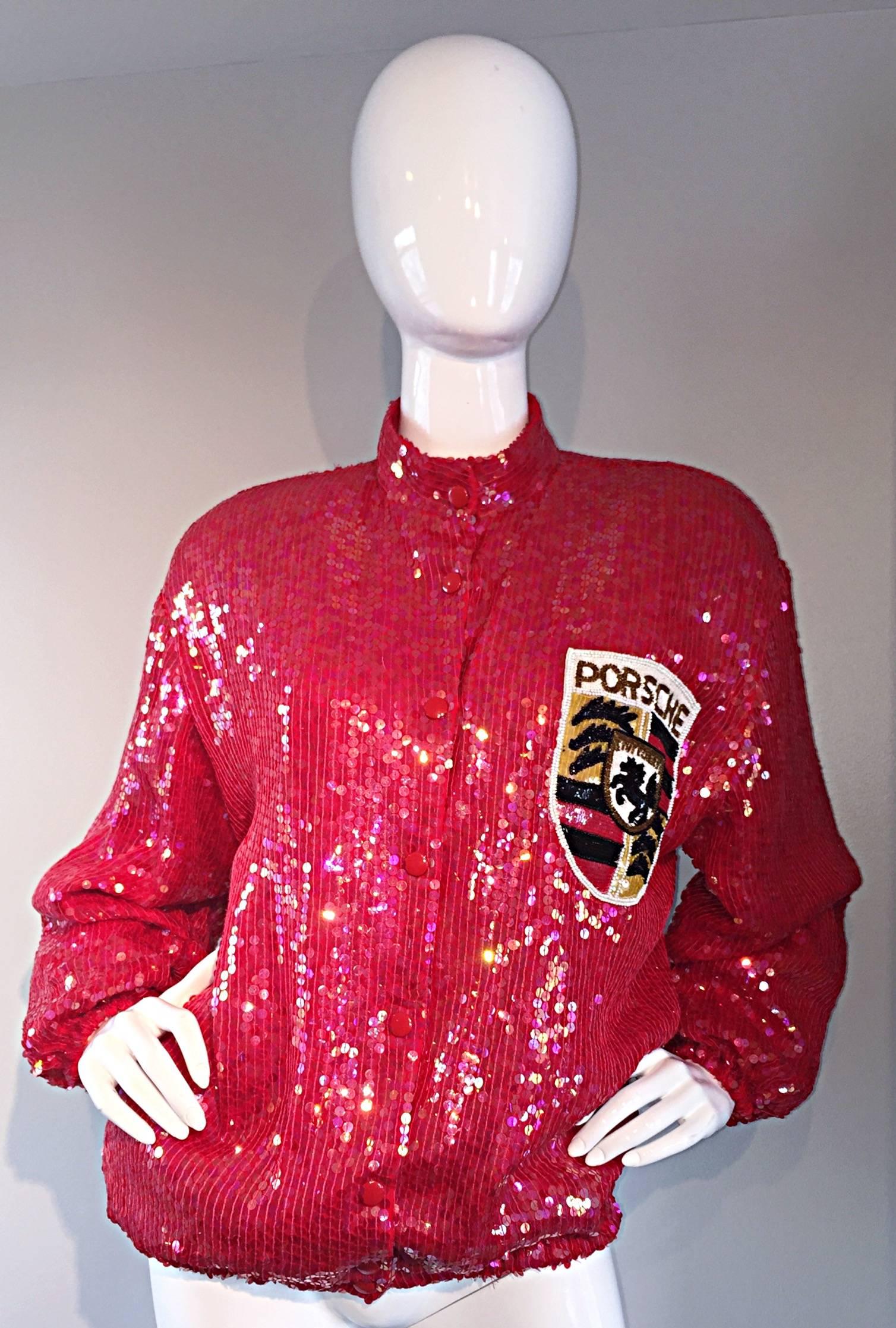 Red Rare Vintage Jeanette Kastenberg Porsche Sequin One - Off Sequin Varsity Jacket