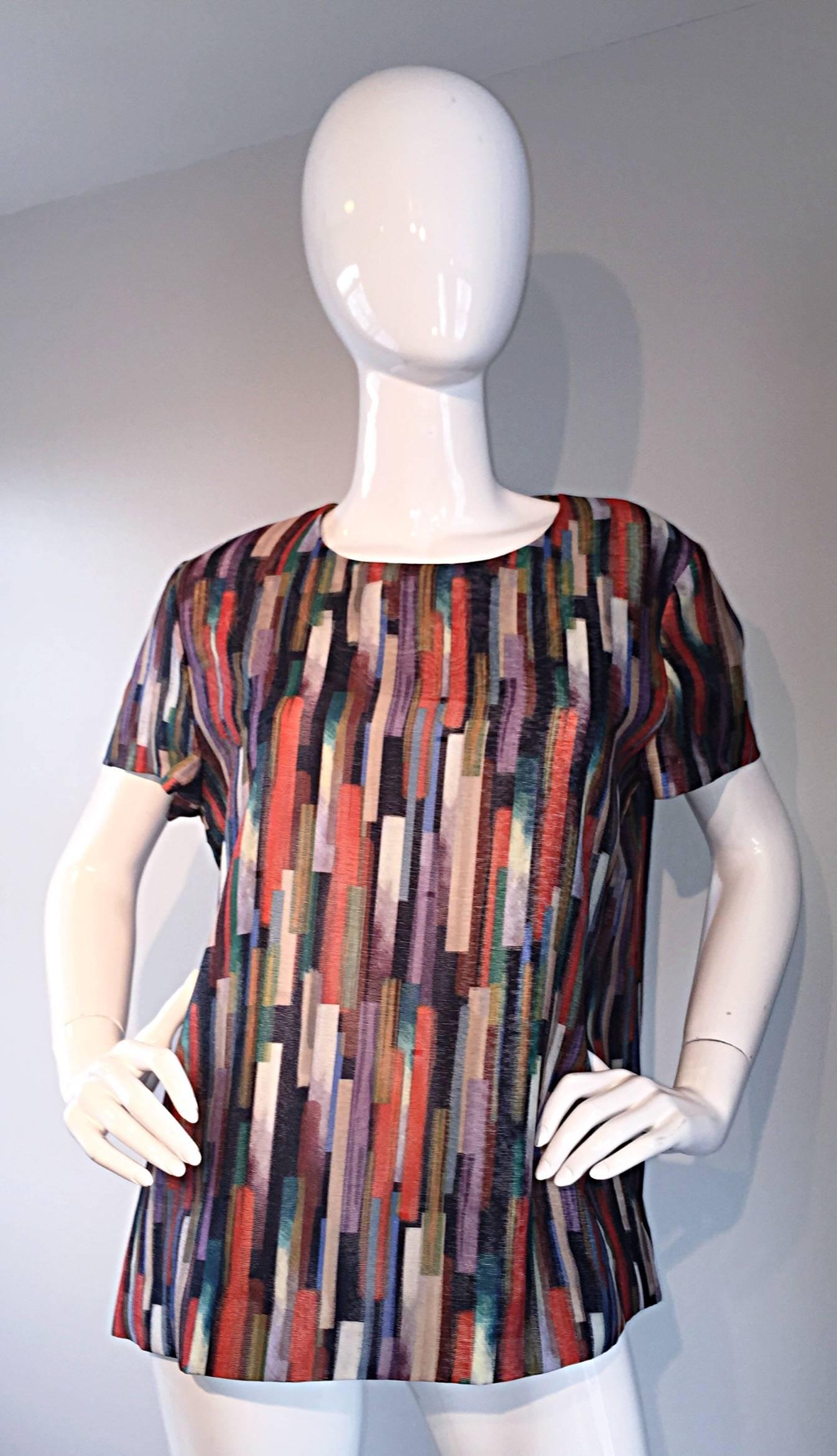 Gerard Darel Multi Color Abstract Silk Trapeze Swing Top / Blouse Made in France For Sale 2