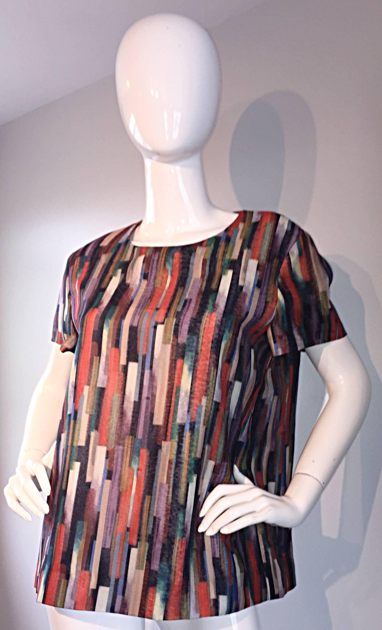 Brown Gerard Darel Multi Color Abstract Silk Trapeze Swing Top / Blouse Made in France For Sale