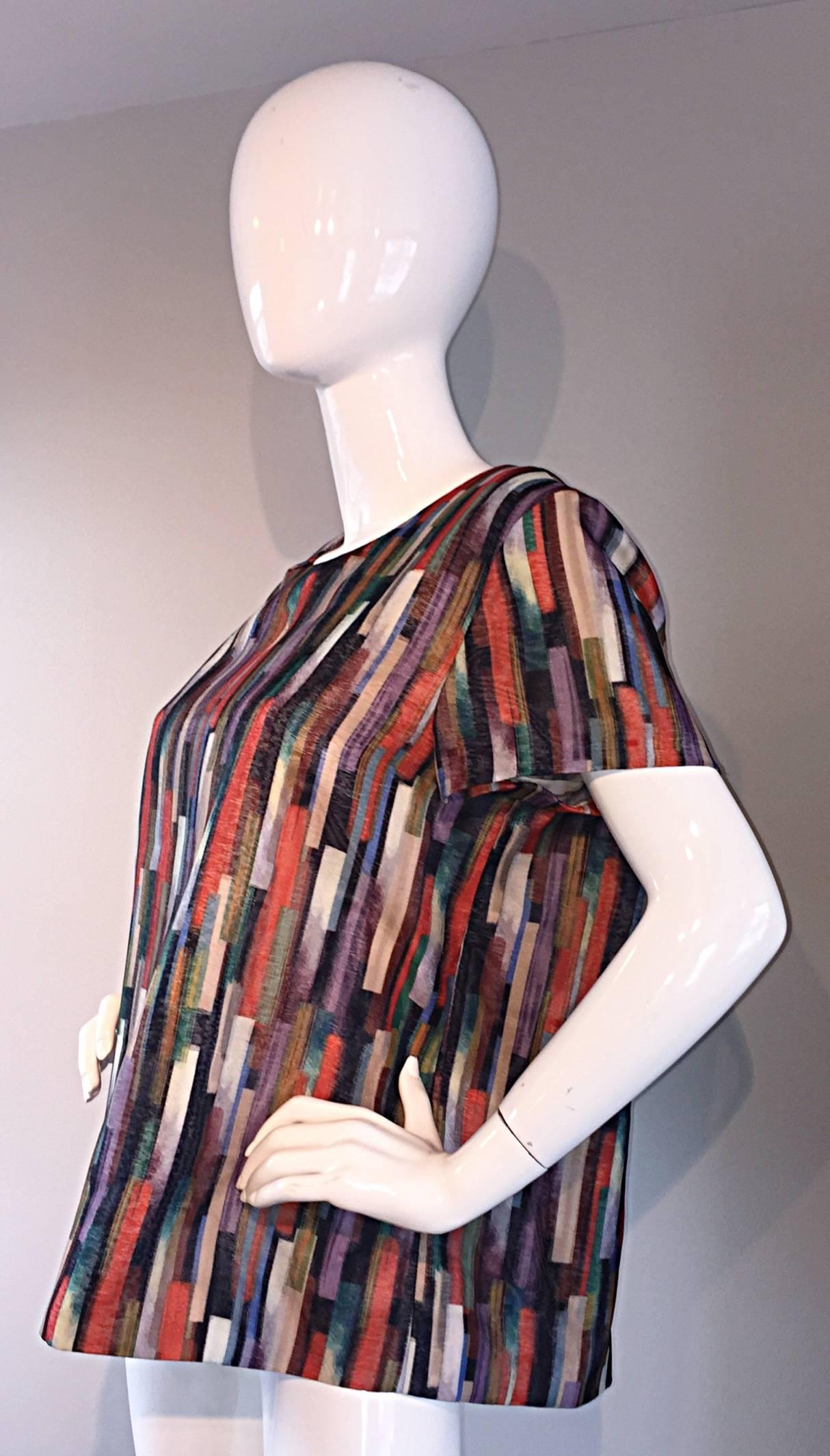 Women's Gerard Darel Multi Color Abstract Silk Trapeze Swing Top / Blouse Made in France For Sale