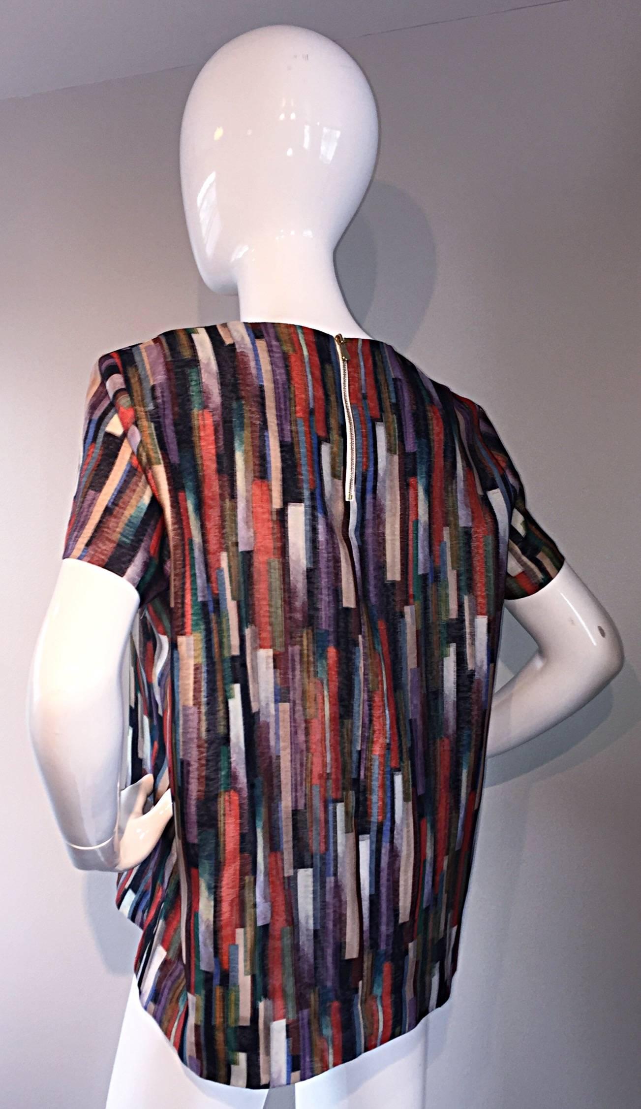 Gerard Darel Multi Color Abstract Silk Trapeze Swing Top / Blouse Made in France For Sale 1