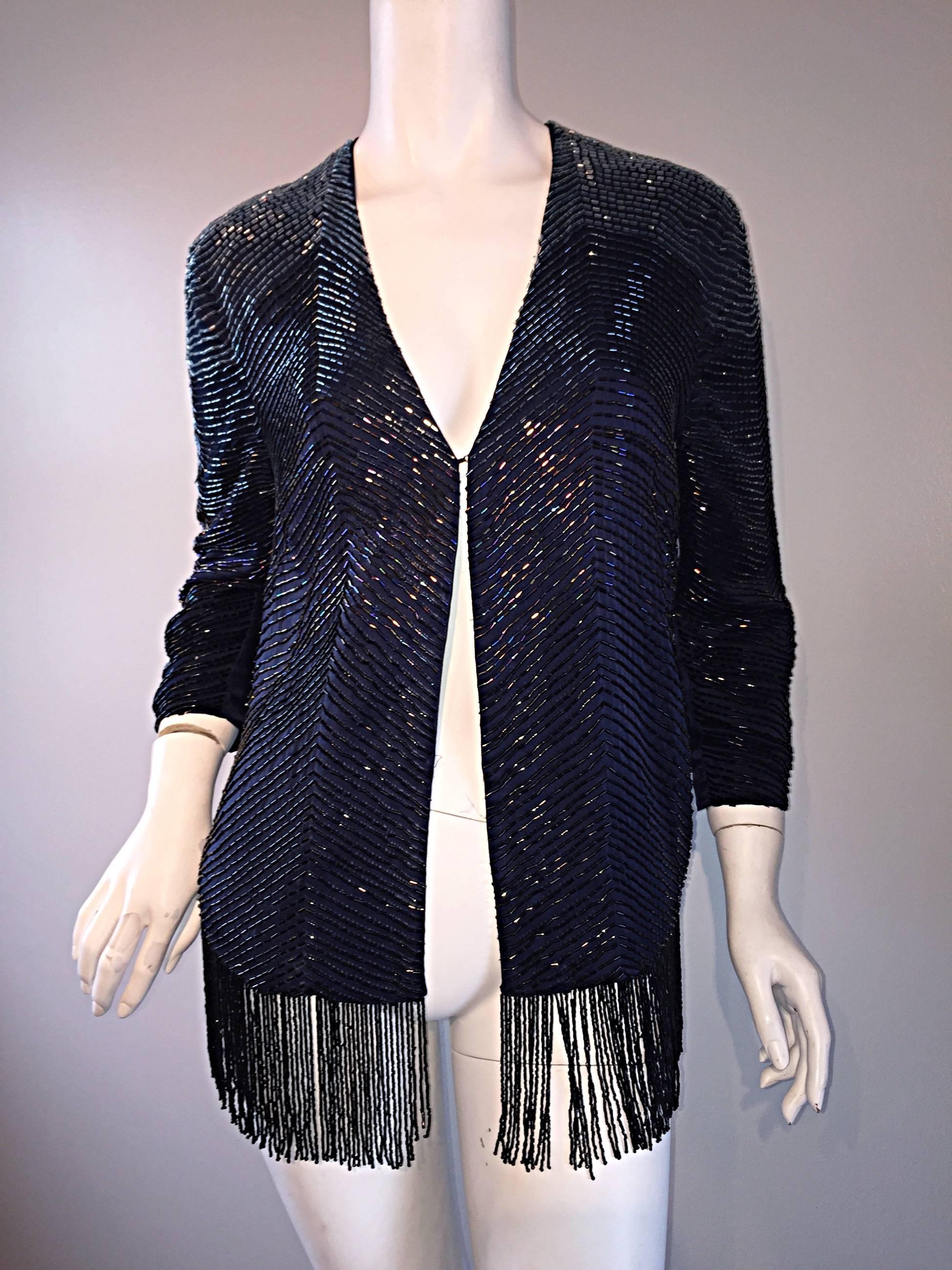 Beautiful Vintage Navy Blue Glass Beaded Silk Fringed Cardigan Jacket Top For Sale 1