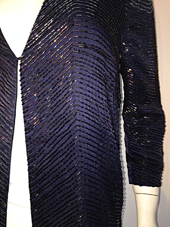 Beautiful Vintage Navy Blue Glass Beaded Silk Fringed Cardigan Jacket