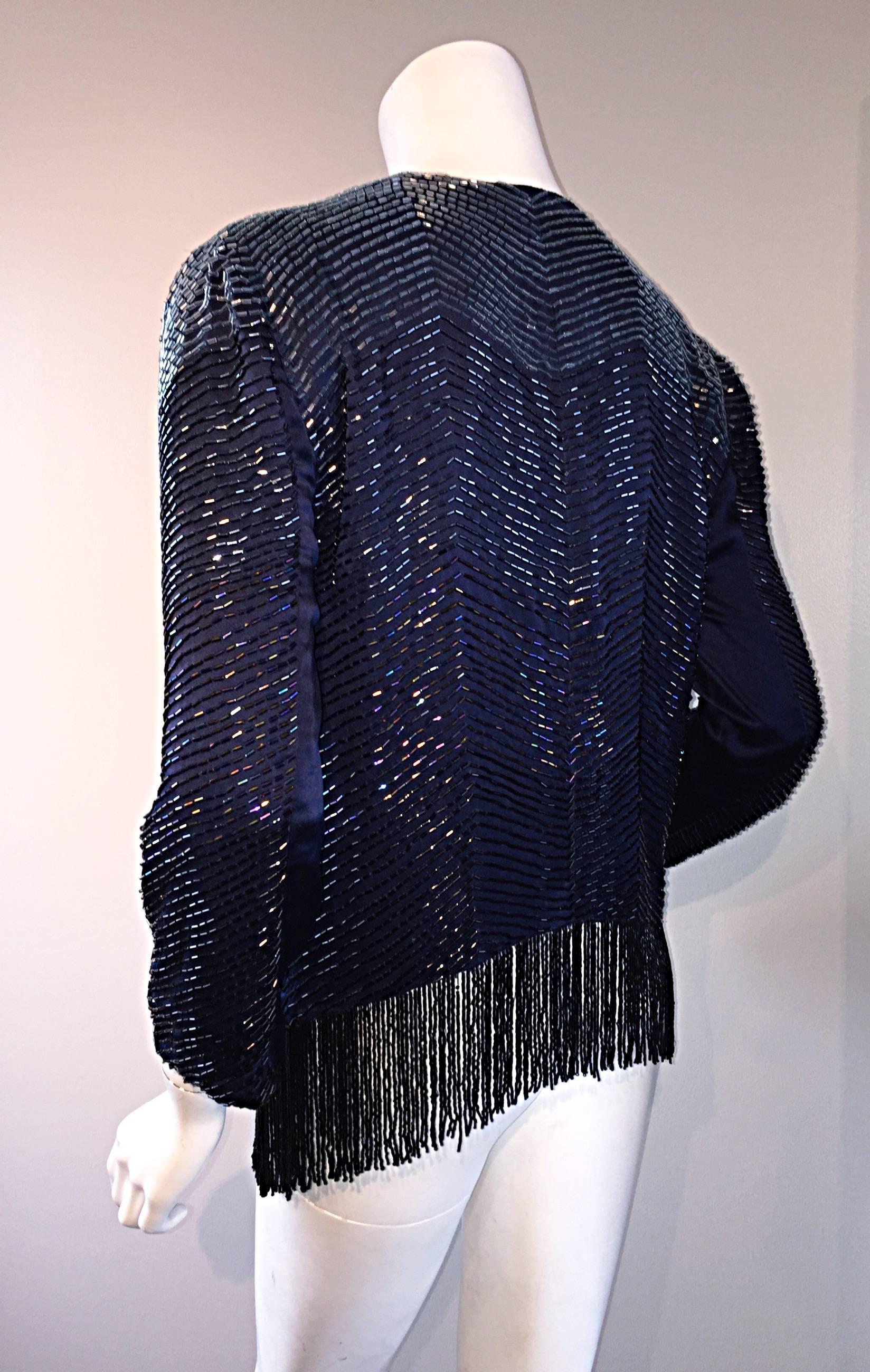 Beautiful Vintage Navy Blue Glass Beaded Silk Fringed Cardigan Jacket Top In Excellent Condition For Sale In San Diego, CA