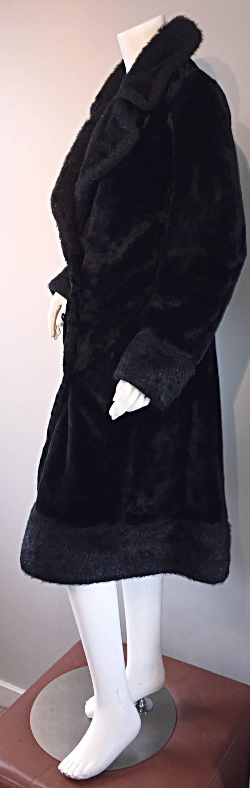 1960s Vintage Mackintosh Black Faux Fur 60s Double Breasted Swing Jacket Coat For Sale 1
