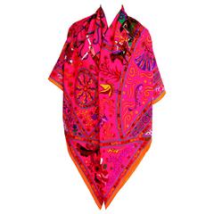 Hermès Peuple Du Vent Rose Orange Rose Cashmere Silk Shawl Scarf GM Gorgeous