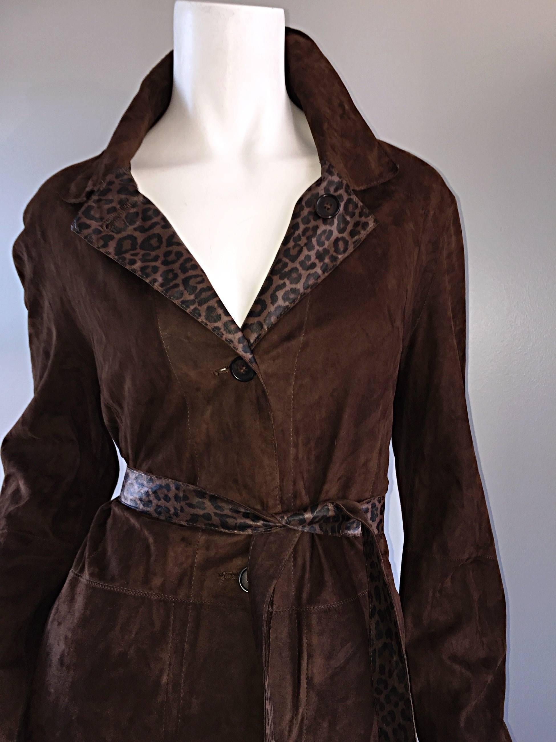 Vintage Mario Vittorio Reversible Leopard Brown Suede Belted Trench Jacket 2
