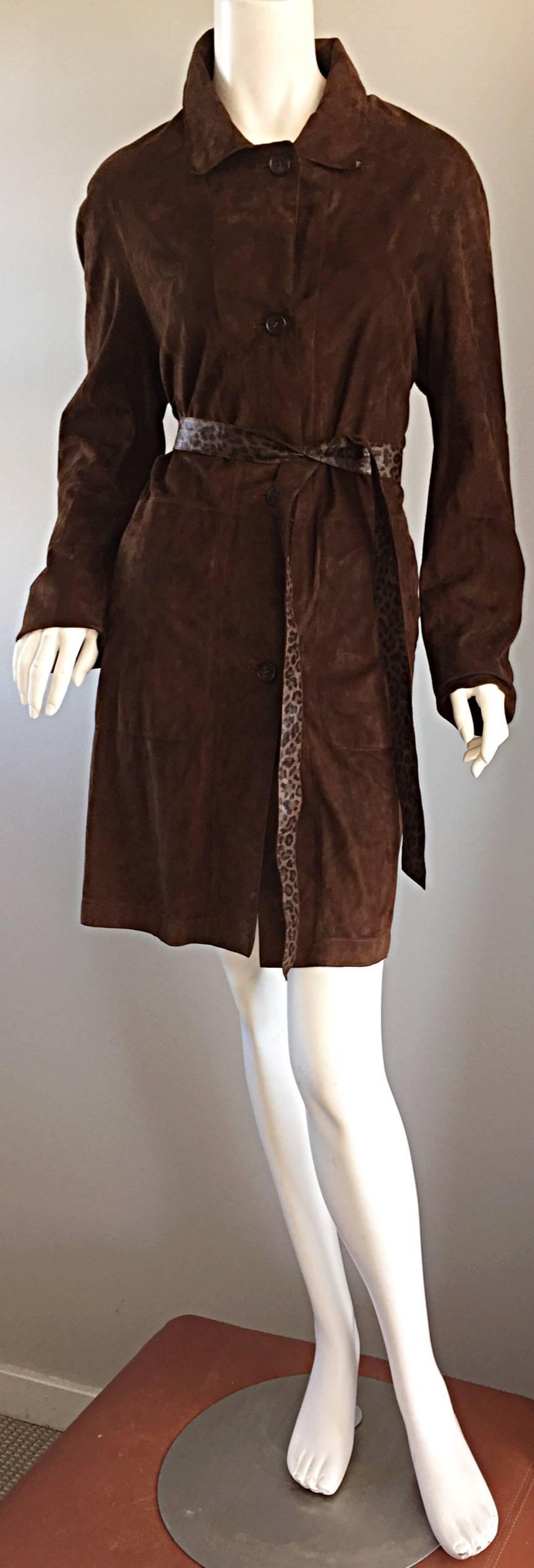 Vintage Mario Vittorio Reversible Leopard Brown Suede Belted Trench Jacket 1
