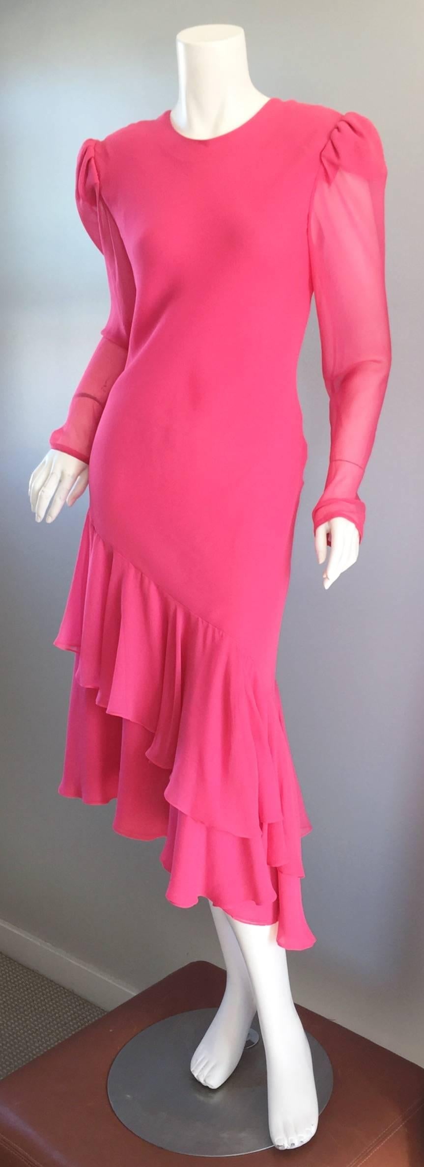 Beautiful Vintage Carolina Herrera Pink Silk Chiffon Long Sleeve Ruffle Dress 1