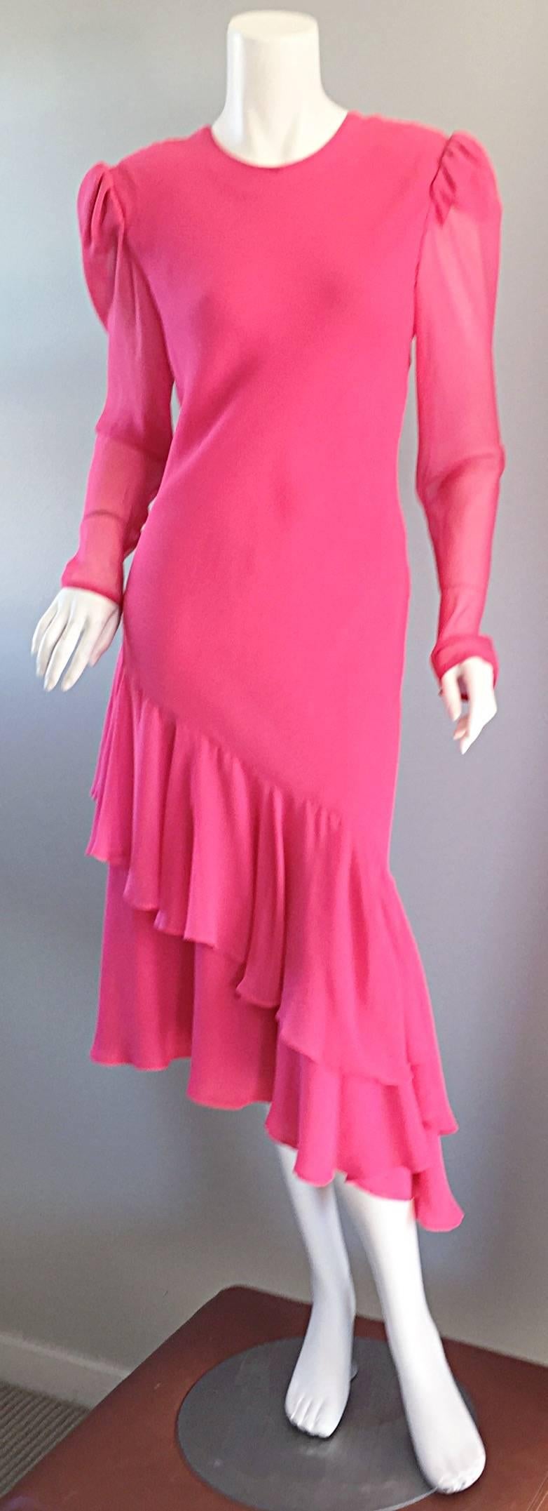 Beautiful Vintage Carolina Herrera Pink Silk Chiffon Long Sleeve Ruffle Dress In Excellent Condition In San Diego, CA