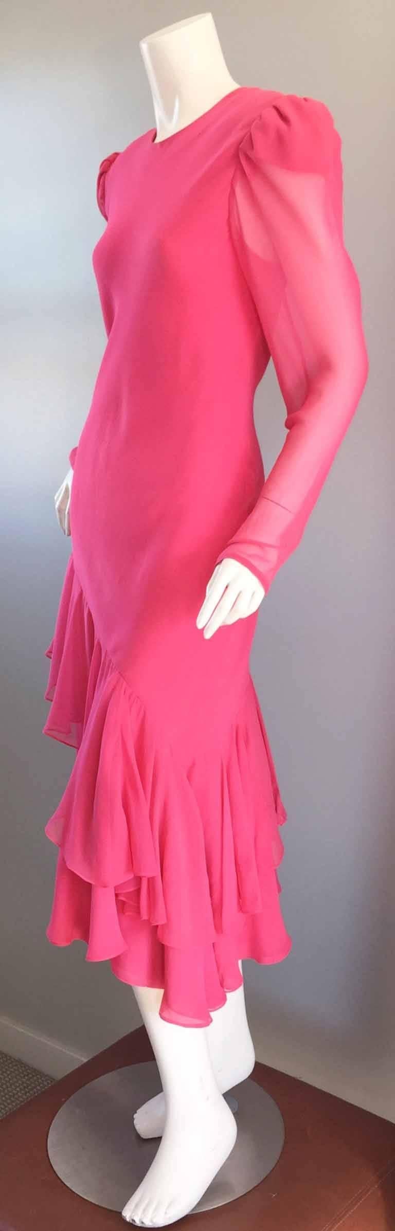 Beautiful Vintage Carolina Herrera Pink Silk Chiffon Long Sleeve Ruffle Dress 3