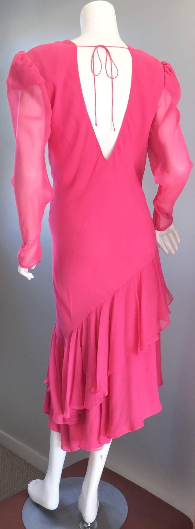 Beautiful Vintage Carolina Herrera Pink Silk Chiffon Long Sleeve Ruffle Dress 2