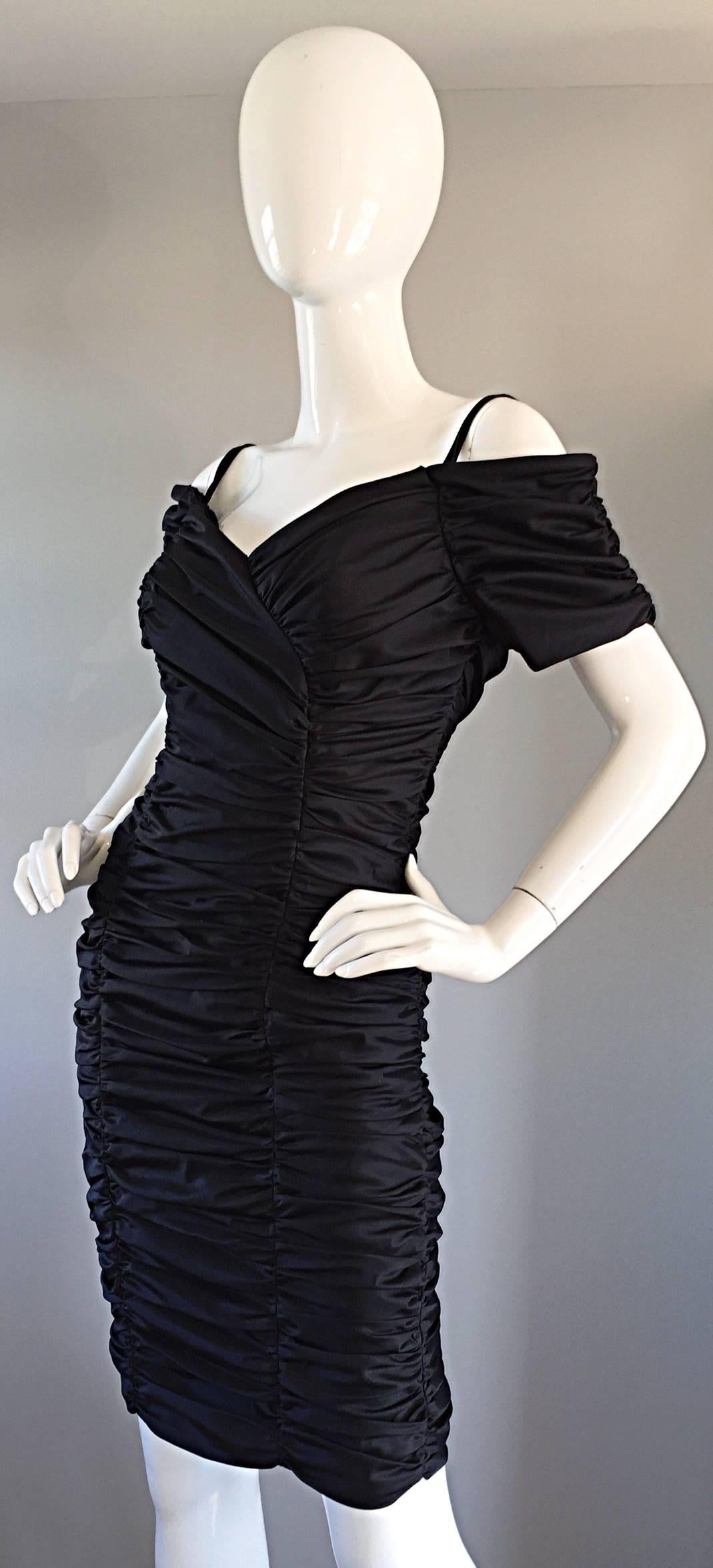 Women's Sexy Vintage 1990s 90s Black Ruched Off - Shoulder Body Con Little Black Dress  For Sale