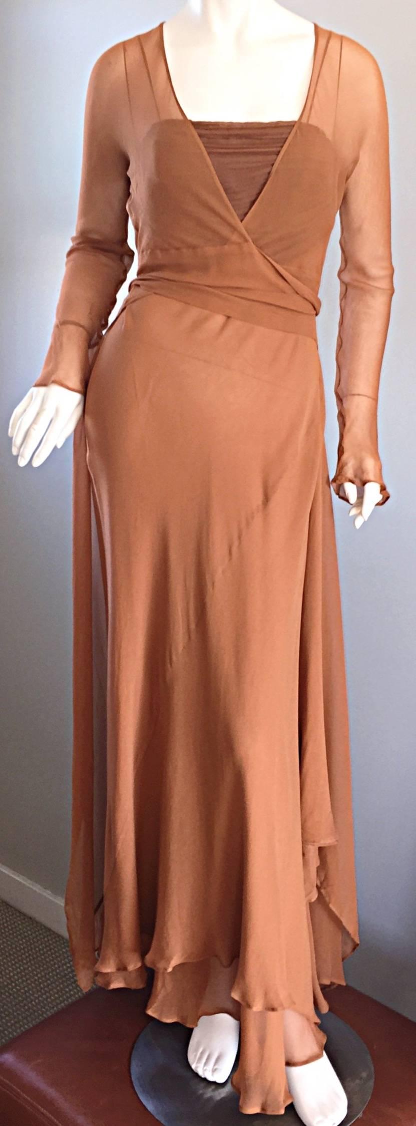 Brown Alberta Ferretti Vintage Terra-Cotta Silk Chiffon Grecian Gown and Wrap Cardigan For Sale