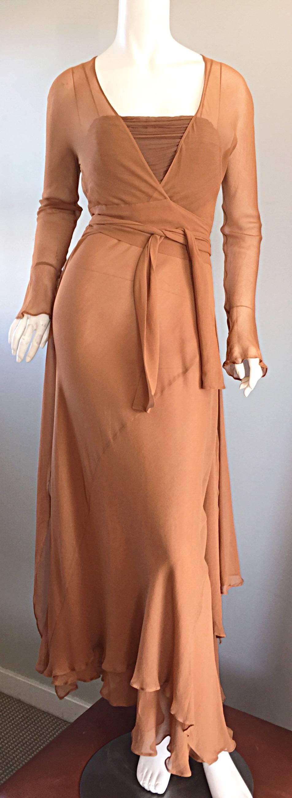 Alberta Ferretti Vintage Terra-Cotta Seide Chiffon griechisches Kleid und Wickeljacke (Braun) im Angebot