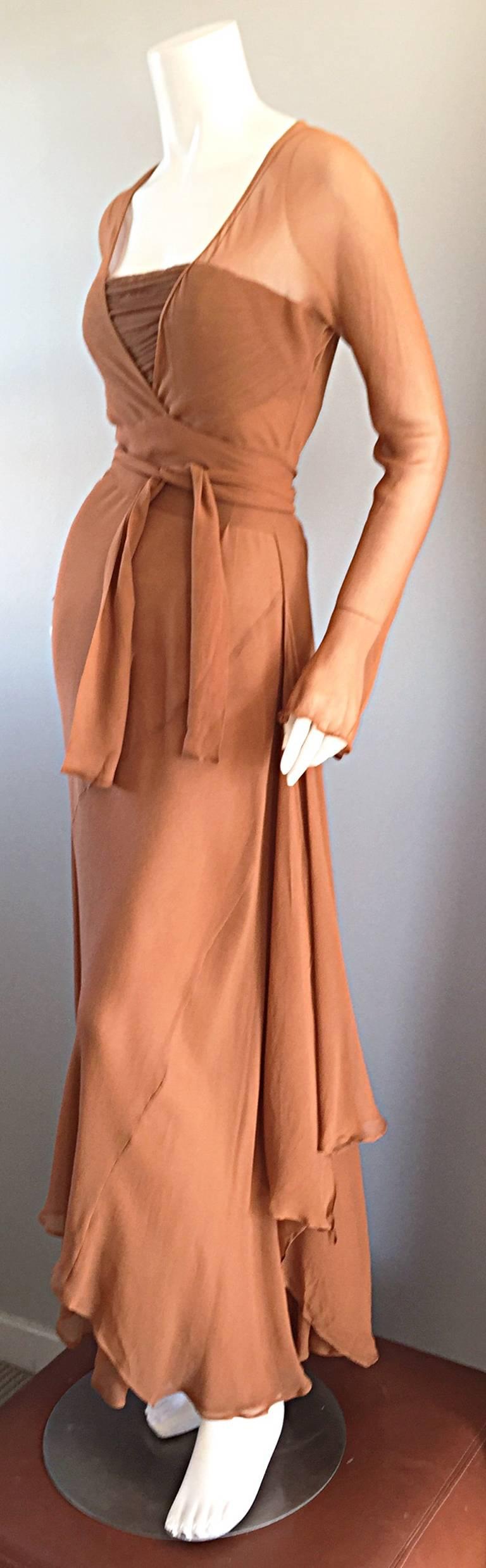 Alberta Ferretti Vintage Terra-Cotta Silk Chiffon Grecian Gown and Wrap Cardigan For Sale 2
