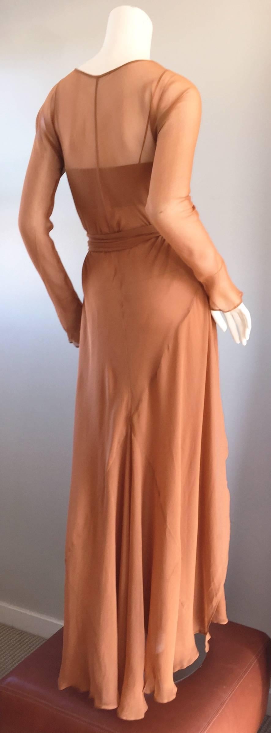 Stunning vintage ALBERTA FERRETTI silk chiffon dress ensemble! Grecian inspired, from the Terra-Cotta color, to the pleated bodice, to the layers and layers of paperweight thin chiffon skirt. Cardigan is also lightweight chiffon, wraps around the