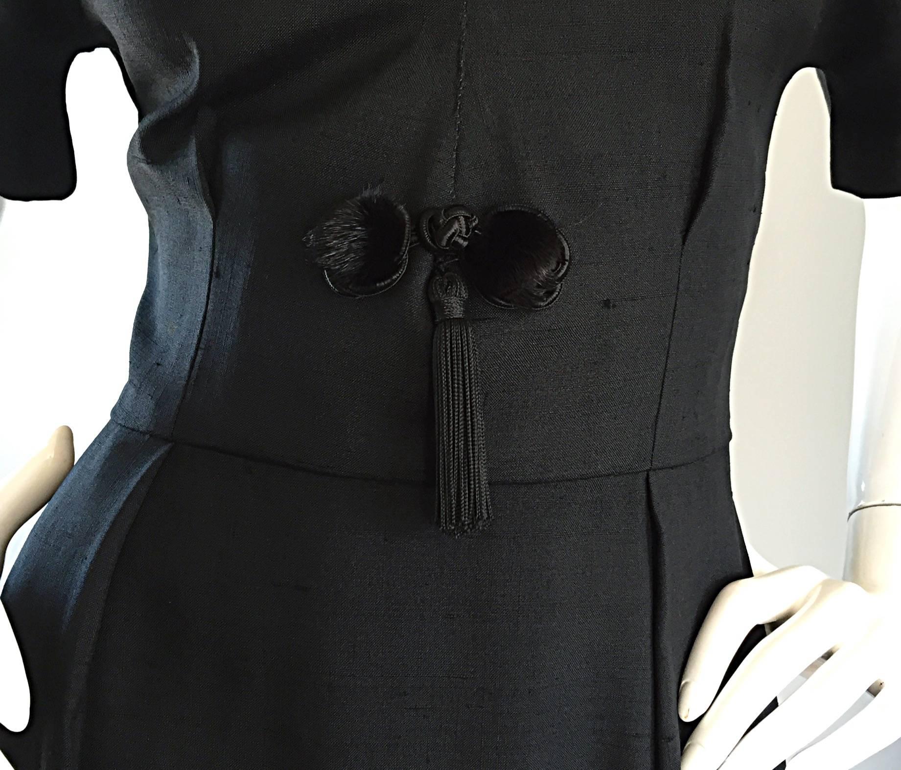 Estevez 1950s Black Silk Vintage Cut - Out Dress w/ Mink Pom Poms and Tassel  For Sale 4