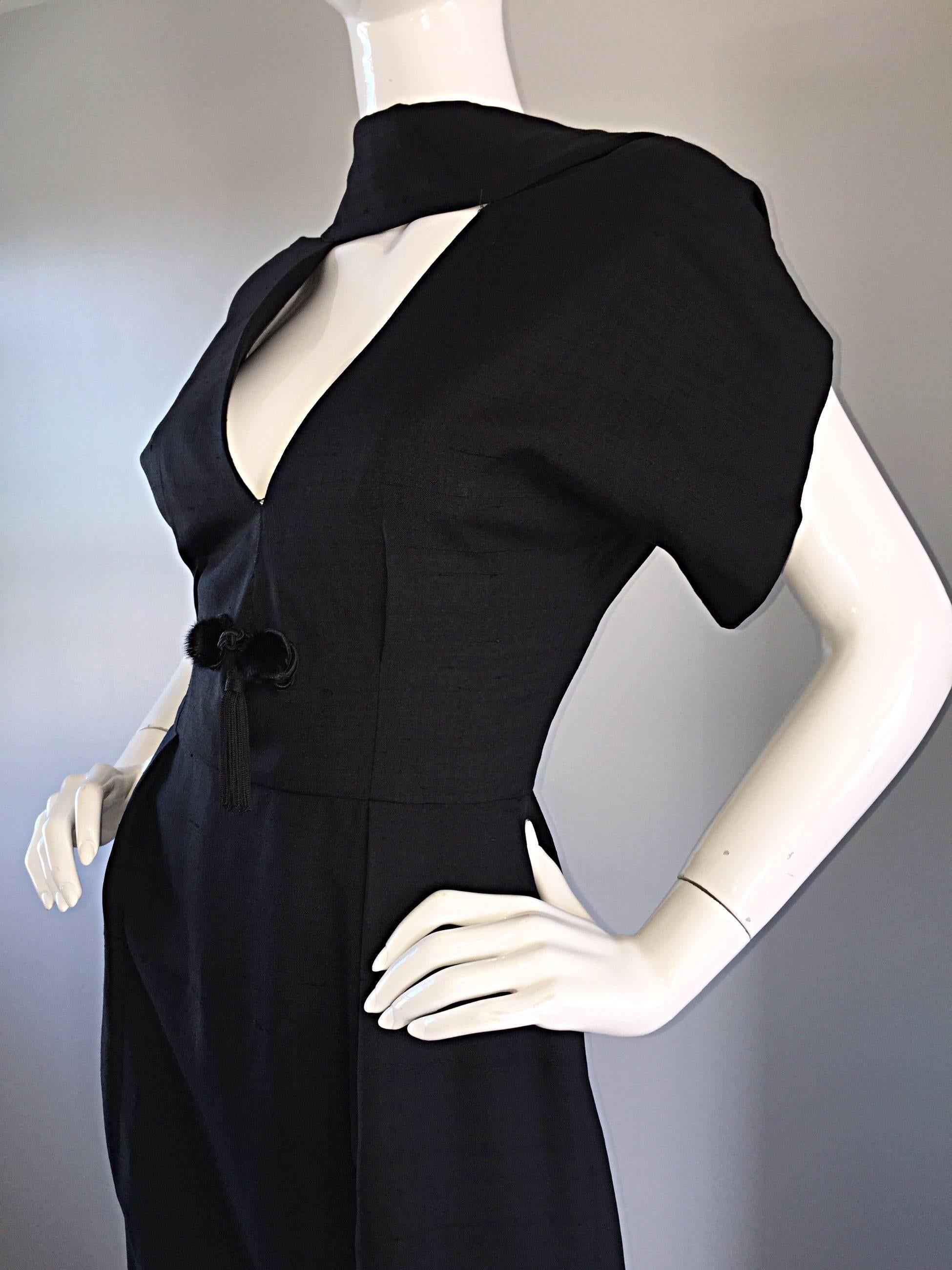 Estevez 1950s Black Silk Vintage Cut - Out Dress w/ Mink Pom Poms and Tassel  For Sale 3