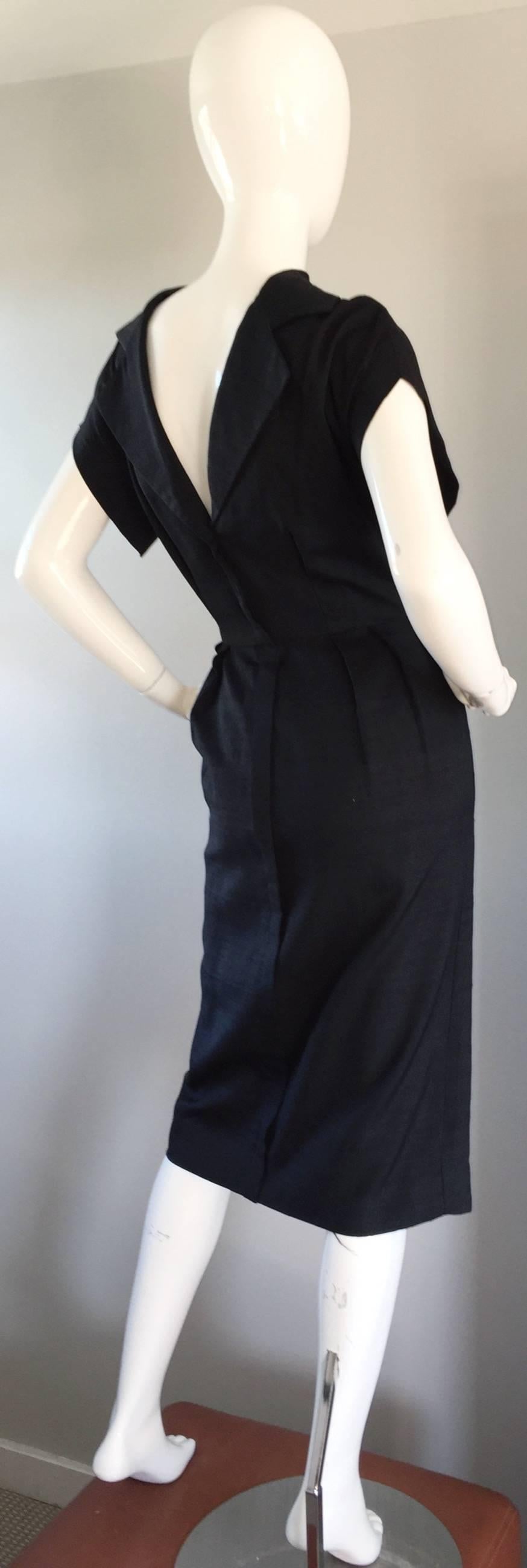 Women's Estevez 1950s Black Silk Vintage Cut - Out Dress w/ Mink Pom Poms and Tassel  For Sale