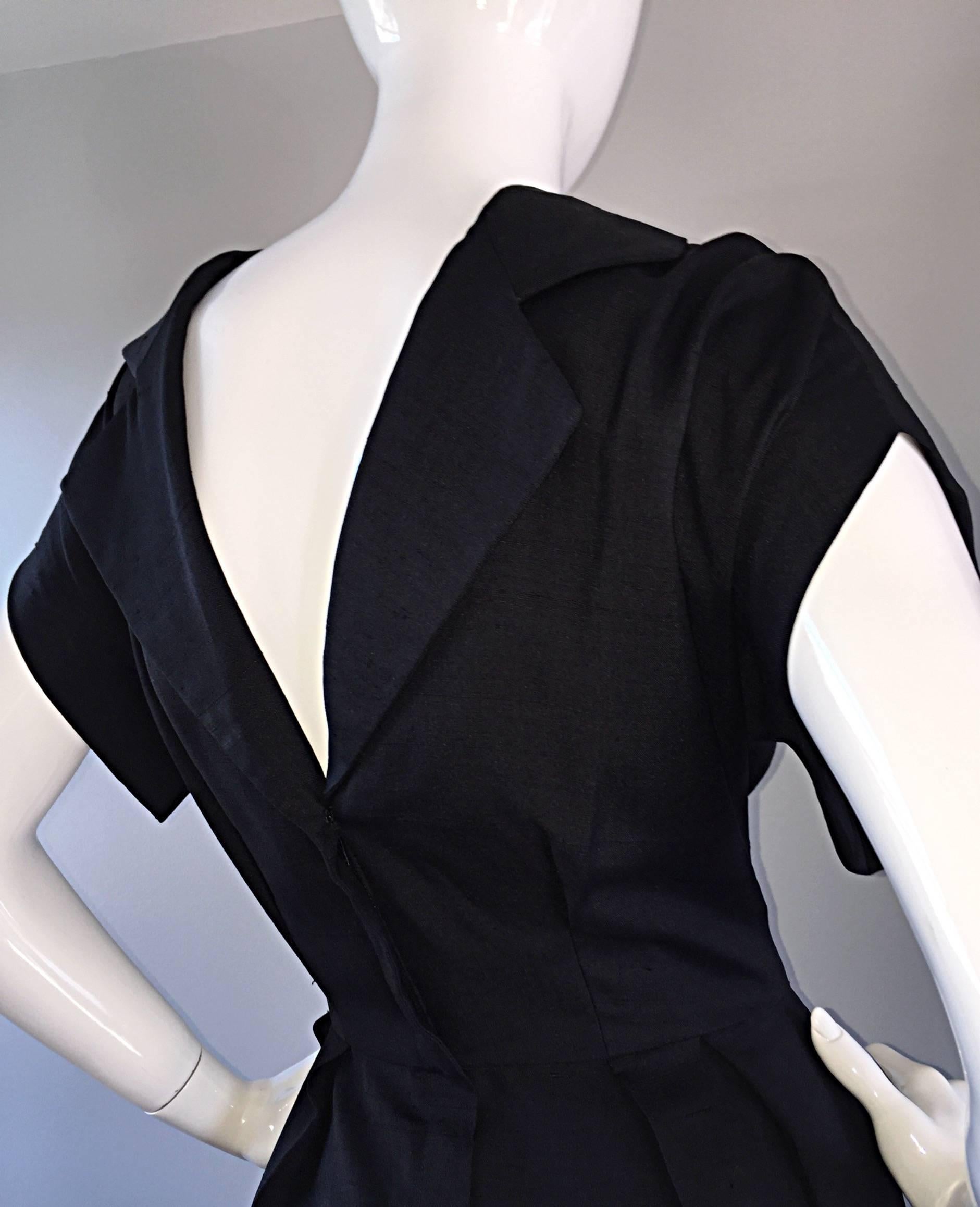 Estevez 1950s Black Silk Vintage Cut - Out Dress w/ Mink Pom Poms and Tassel  In Excellent Condition For Sale In San Diego, CA
