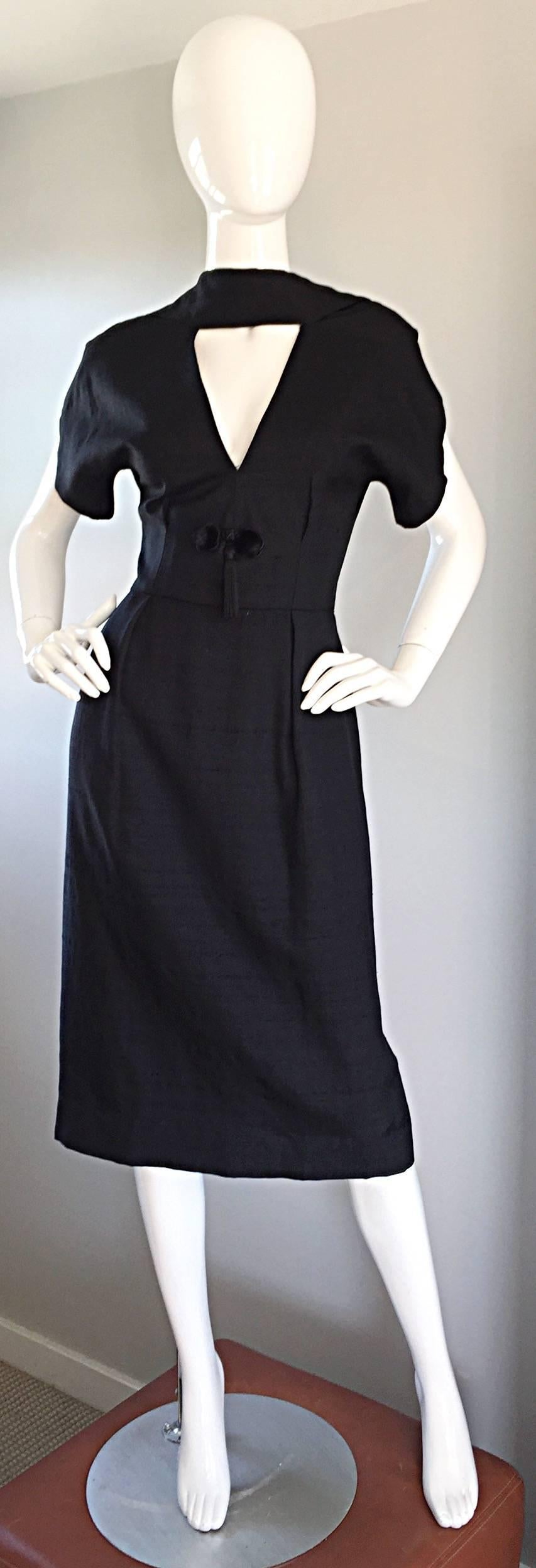 Estevez 1950s Black Silk Vintage Cut - Out Dress w/ Mink Pom Poms and Tassel  For Sale 1