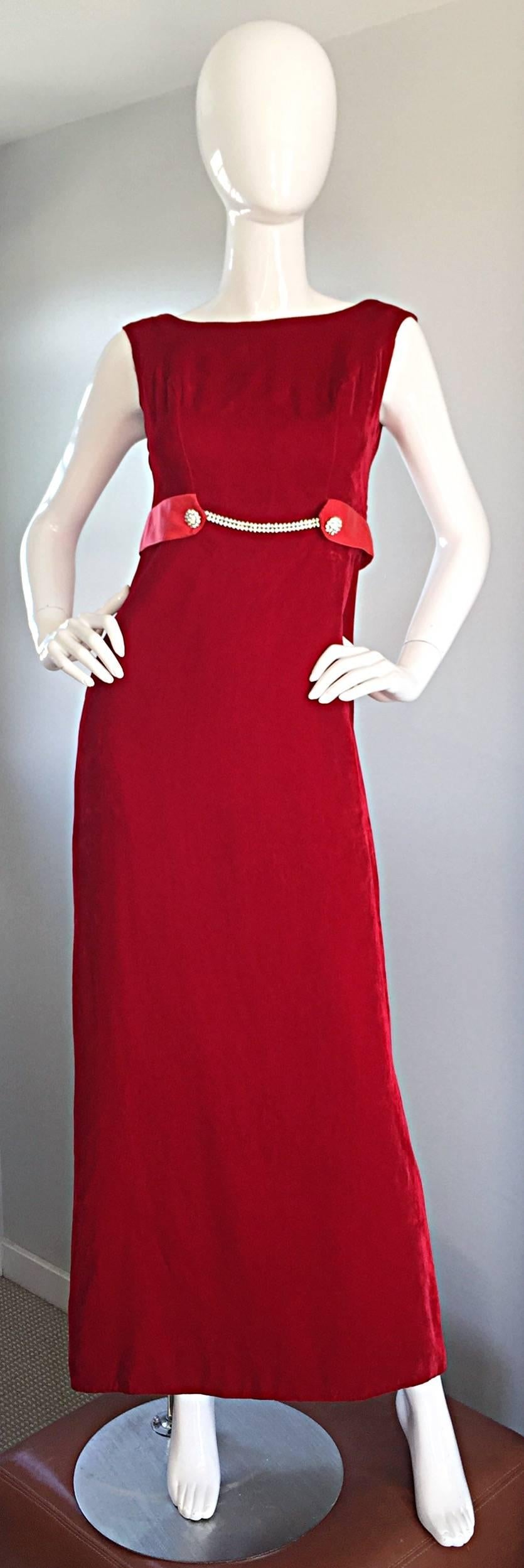 1960s 60s Lipstick Red Velvet Vintage Column Gown w/ Rhinestones 1