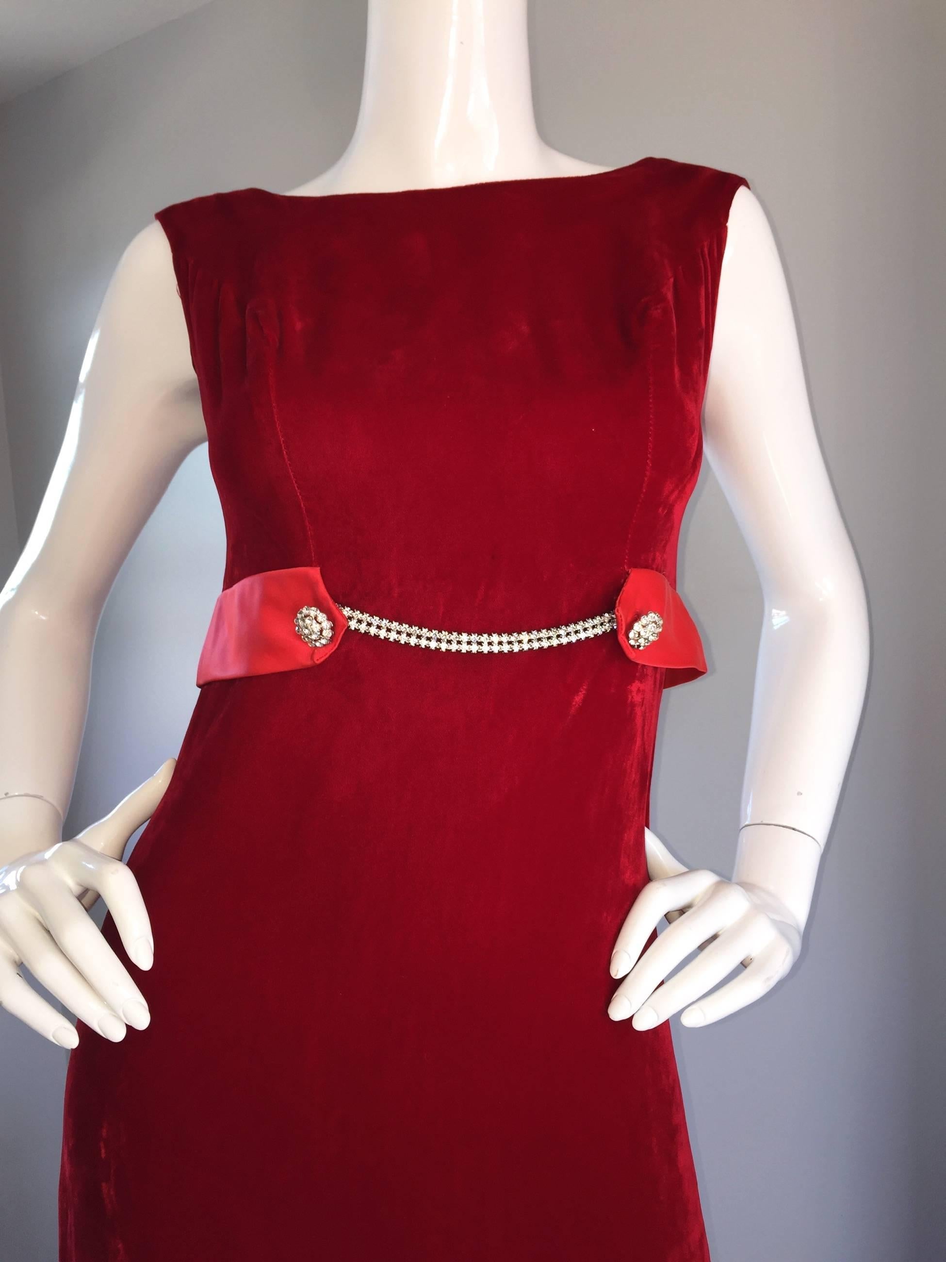 1960s 60s Lipstick Red Velvet Vintage Column Gown w/ Rhinestones 3